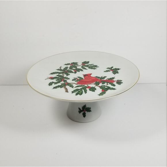 Vintage Lefton Red Cardinal Christmas Cake Plate, Footed Pedestal, 1252 - Picture 1 of 4